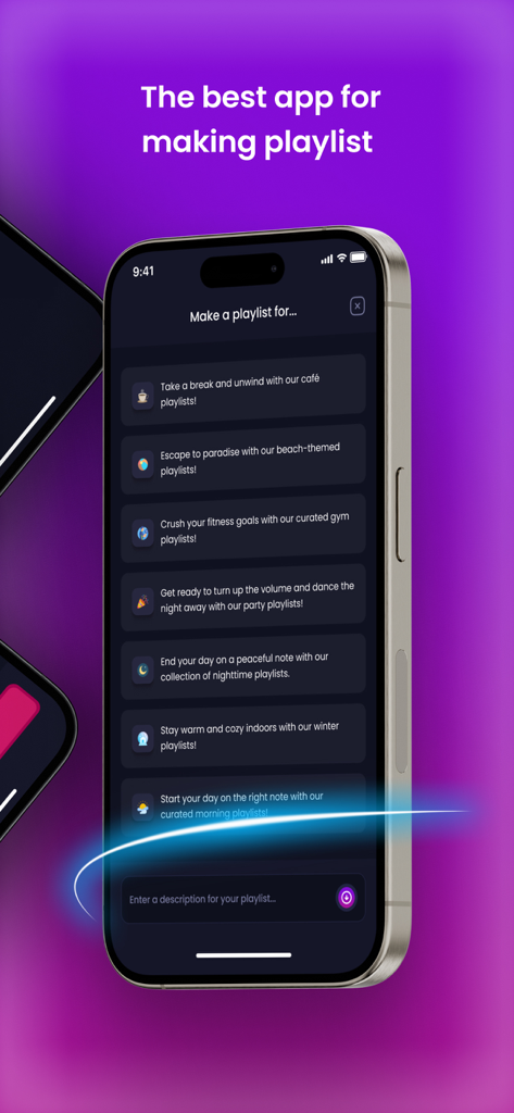 Playlist Maker AI : PlaylistAI - Interface of the PlaylistAI app showing mood-based playlist categories like gym, beach, and party on a smartphone.