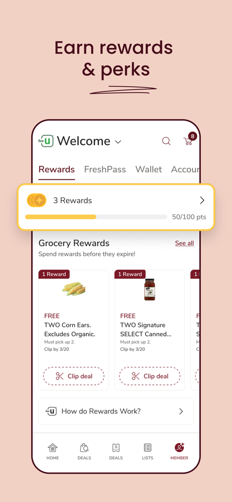 Safeway Deals & Delivery - Safeway app for U rewards screen showing points balance and free grocery deals to clip