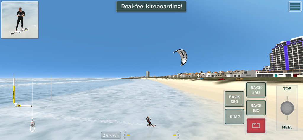 Kiteboard Hero - Kiteboard Hero gameplay showing a kitesurfer riding along a sunny coastline with realistic controls