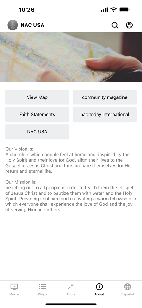 New Apostolic Church USA - Página Sobre do aplicativo da Igreja Nova Apostólica dos EUA mostrando declarações de visão e missão da igreja