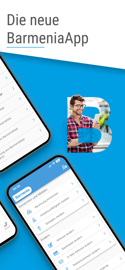 Barmenia - Barmenia insurance mobile app interface showing digital claim submission and account management features on two smartphones