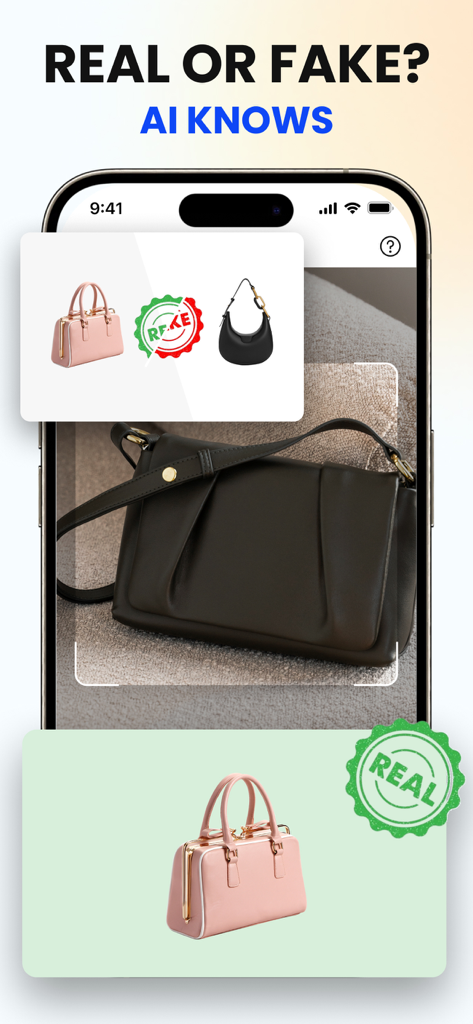QR Scanner & AI Card - Pantalla de smartphone que muestra la función de IA para verificar si un bolso de lujo es real o falso.