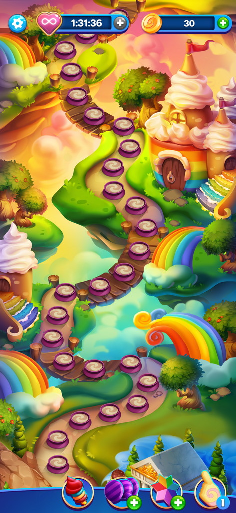 Crafty Candy - Colorful level progression map in Crafty Candy featuring a winding path with rainbow bridges and whimsical candy themed houses