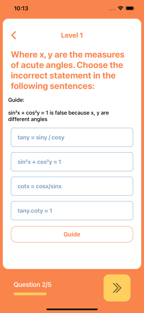 A trigonometry quiz question within the Algebra Practice mobile application