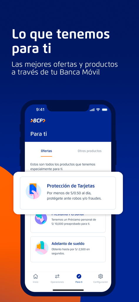 Banca Movil BCP app screen showing personalized financial offers including card protection and pre-approved personal loans.