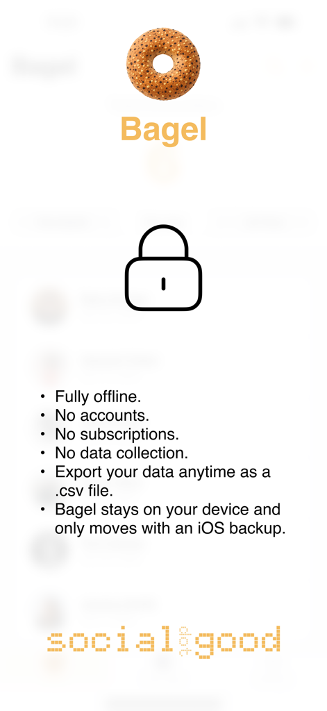 Bagel Count - Bagelアプリの機能リスト。オフライン利用、アカウントなし、データプライバシーが強調されています。