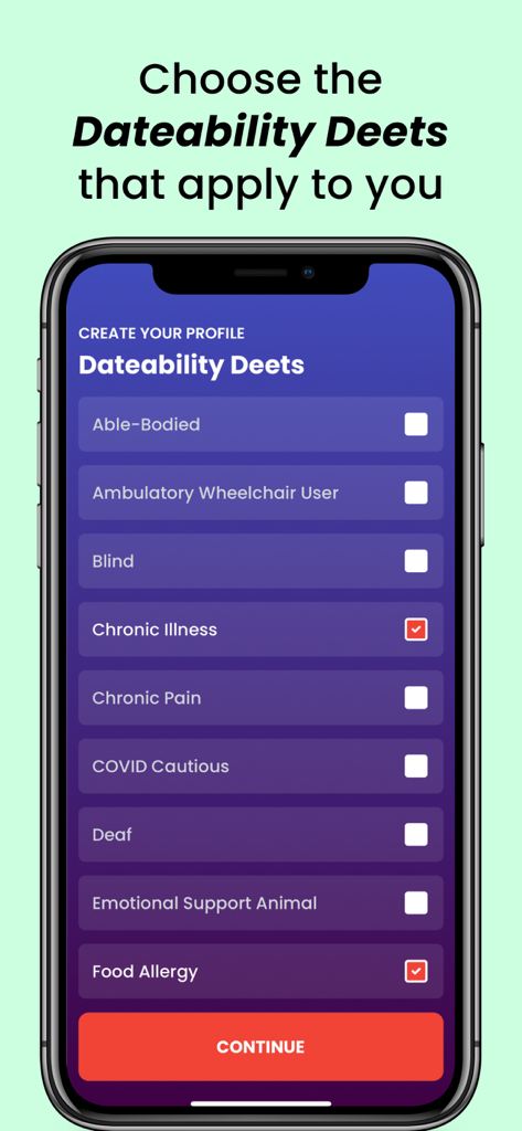 A profile creation screen in the Dateability app showing a checklist of health and disability disclosure options called Dateability Deets