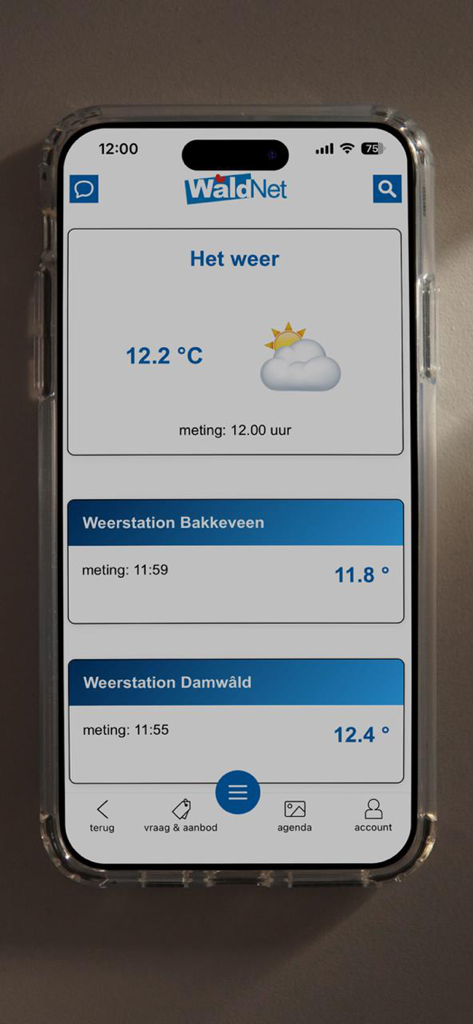 WâldNet - Smartphone screen showing the WâldNet app weather forecast for local Frisian towns like Bakkeveen and Damwâld
