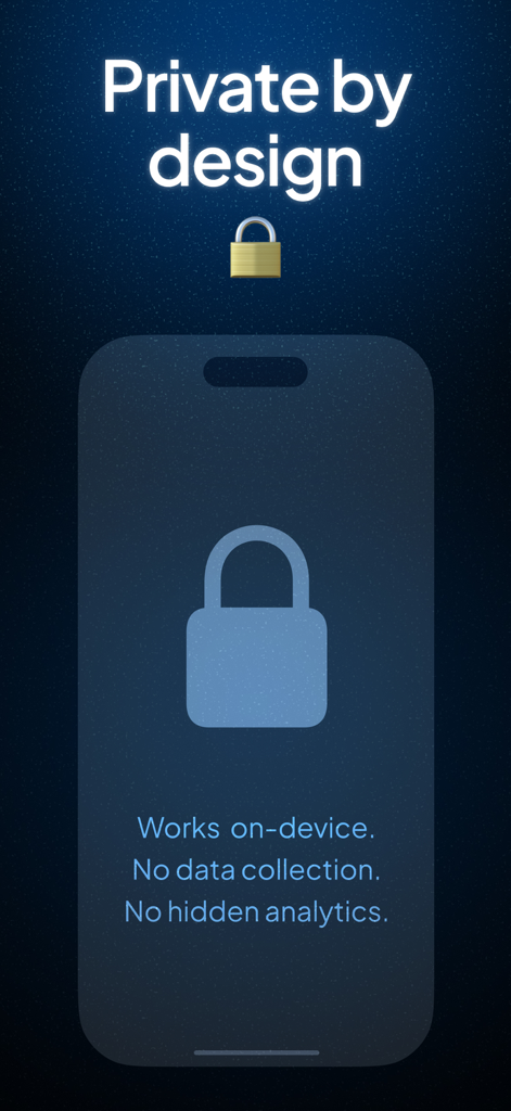 Subby app screen highlighting privacy features with no data collection and on-device storage