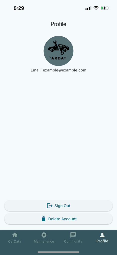 Car-Data - Interface du profil utilisateur de l'application mobile Car-Data montrant l'e-mail du compte et les options de déconnexion