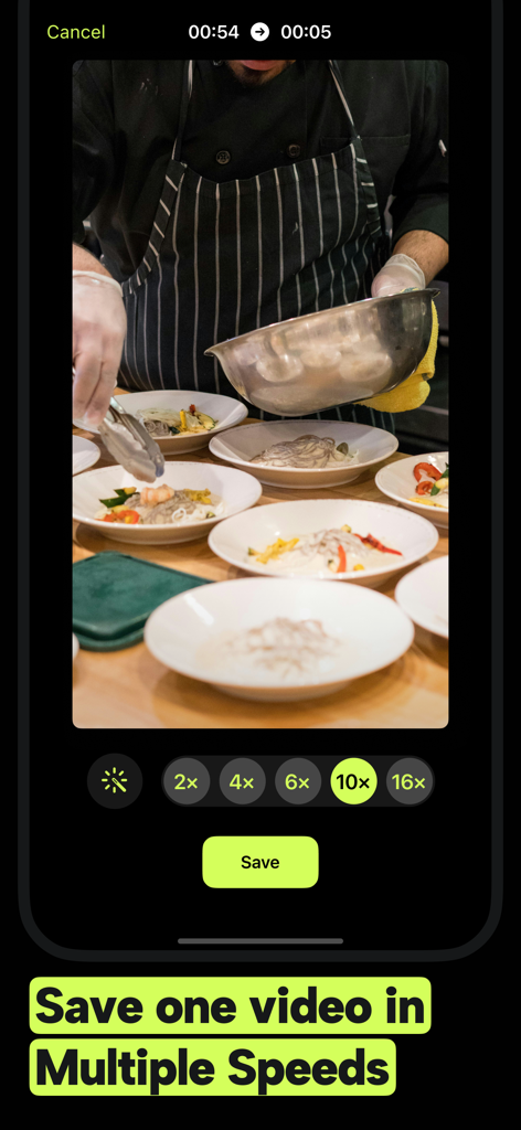 Hyperlapse Timelapse Video Cam - Interface de l'application Hyperlapse montrant une vidéo de cuisine avec des vitesses de timelapse sélectionnables allant de 2x à 16x