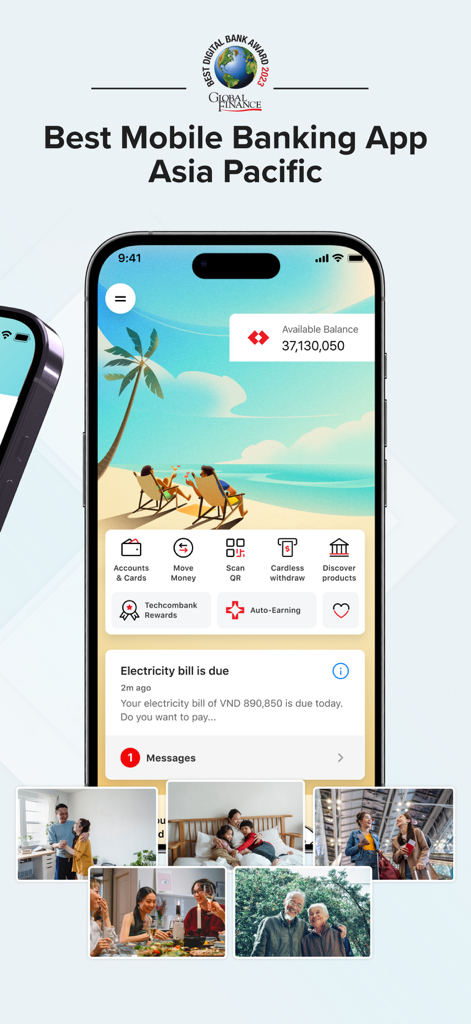 Techcombank Mobile - Techcombank Mobile banking app interface showing the Best Mobile Banking App in Asia Pacific award
