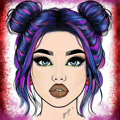 realistic girl with two buns on her hair and lips