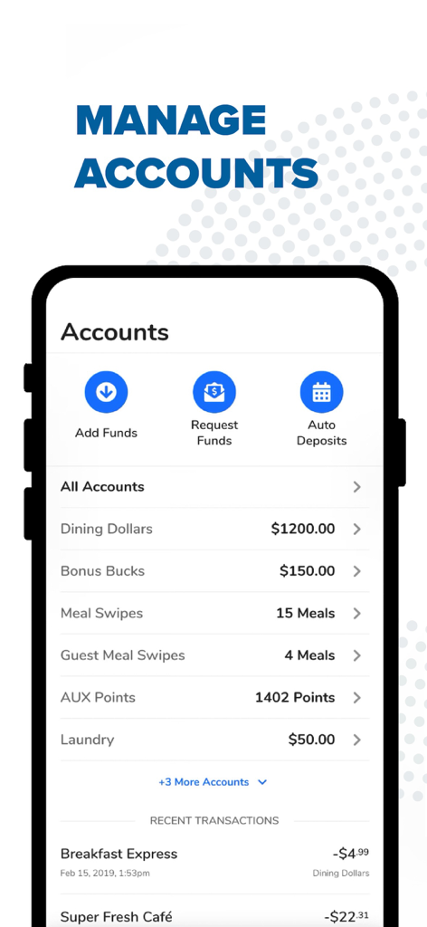 GET Mobile - Interfaccia dell'app GET Mobile che mostra i saldi del conto per "Dining Dollars", "Meal Swipes" e "Laundry"