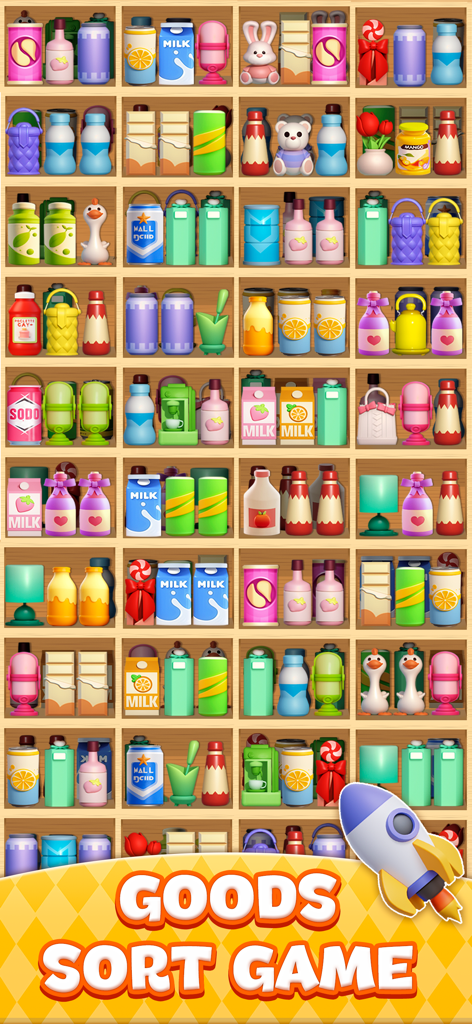Gameplay screen of Match Triple Sort Goods Master showing colorful 3D items organized on wooden shelves