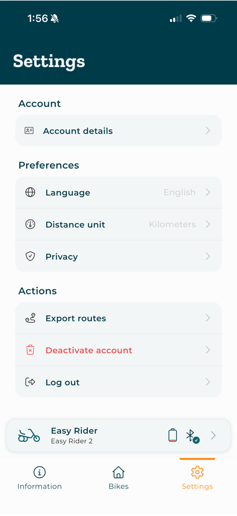 Menu delle impostazioni dell'app mobile E-Bike Van Raam che mostra i dettagli dell'account e le preferenze dell'utente