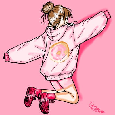 realistic girl jumping with a bun and oversized sweatshirt