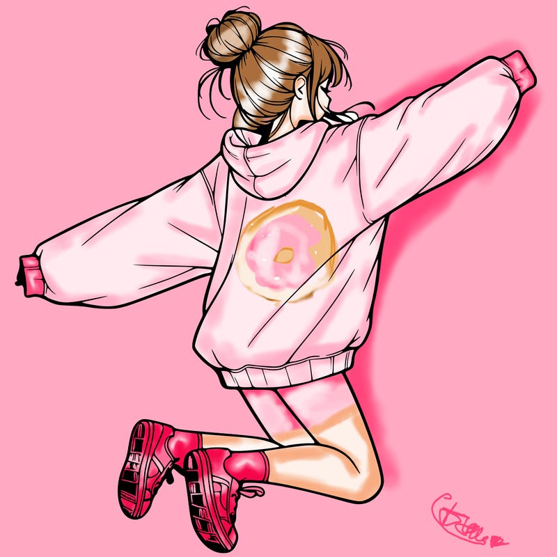 realistic girl jumping with a bun and oversized sweatshirt