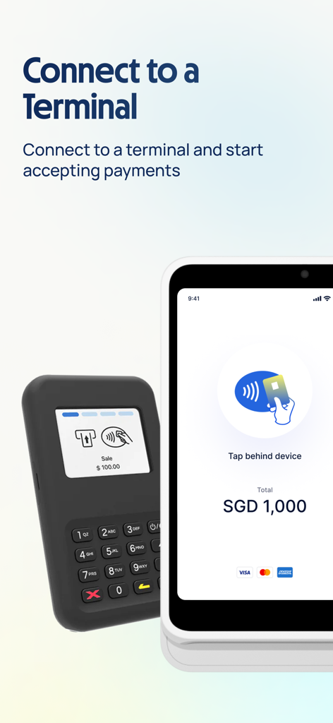 HitPay app showing connection to a payment terminal and tap to pay feature on a smartphone