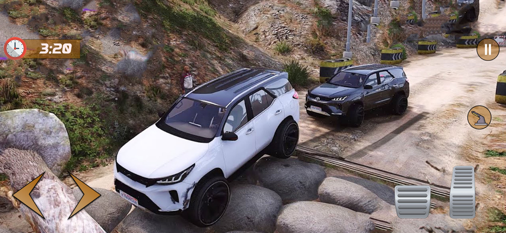 Offroad Fortuner Car Driving - A white SUV climbing over large rocks in an offroad driving simulator