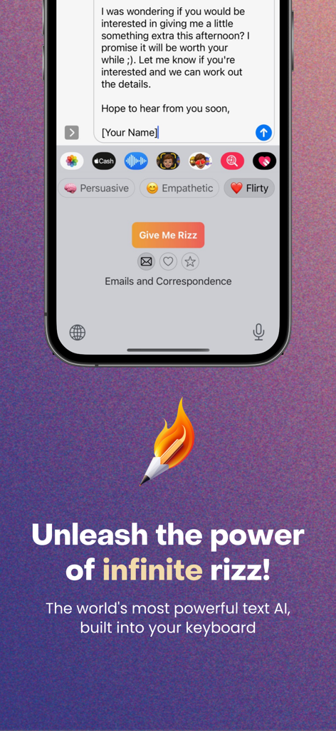 AI-powered keyboard interface for the Rizz app featuring custom response tones like flirty and professional.