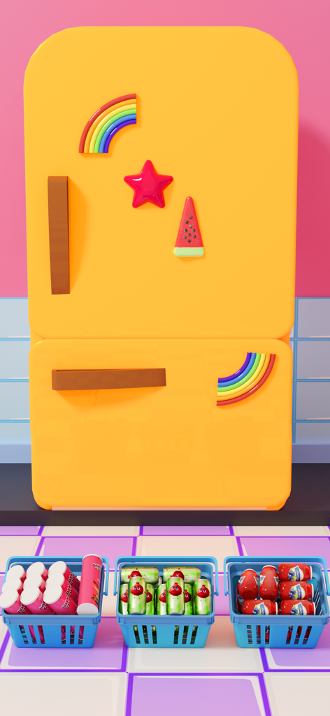 A yellow refrigerator with decorative magnets and blue shopping baskets filled with groceries ready to be organized.