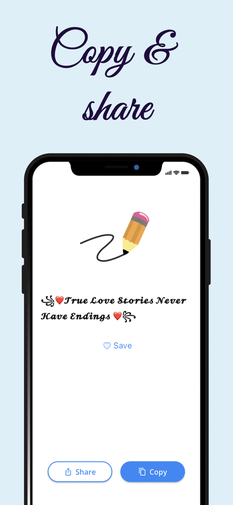 Stylish Text: Font Style App - Interfaz móvil de la app Stylish Text mostrando una cita en una fuente elegante con botones para copiar o compartir.