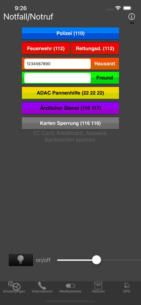 Tela principal do aplicativo de chamada de emergência com botões grandes coloridos para serviços de emergência e contatos de discagem rápida