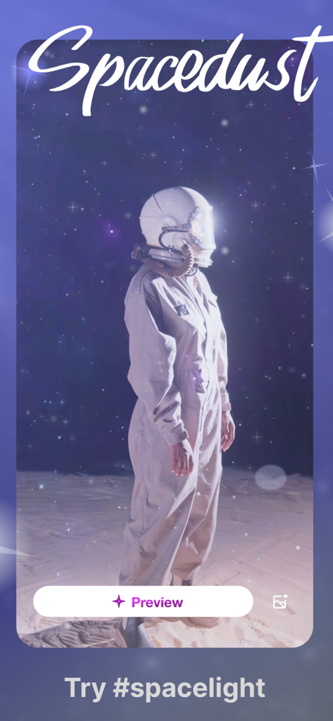 24FPS: Aesthetic Video Effects - 宇宙飛行士の人物に、美的感覚のスペースドスト動画エフェクトと輝く星が適用されている様子