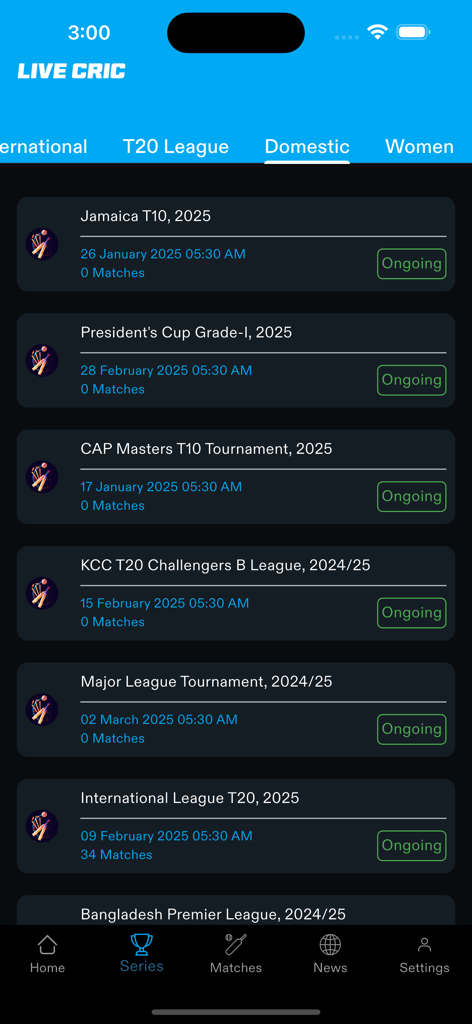 Lista de series de cricket domésticas en curso en la aplicación Live Cric