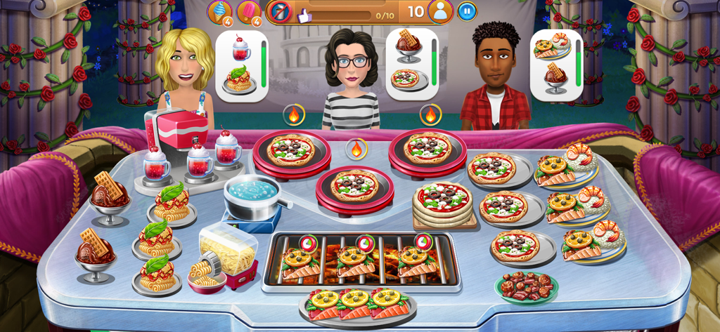 Virtual Families: Cook Off - Virtual Families Cook Off のゲームプレイ。屋外レストランで、顧客がイタリア料理を注文している様子