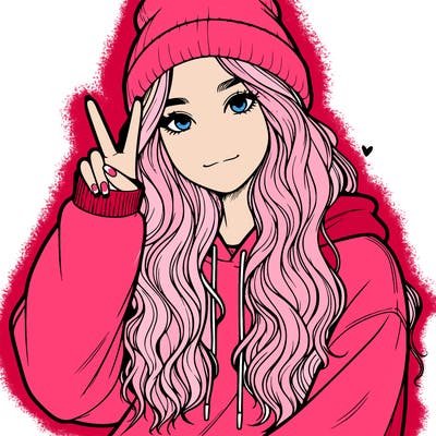 a teenage girl in a beanie, oversized sweatshirt, wavy long hair, and is showing a ✌️