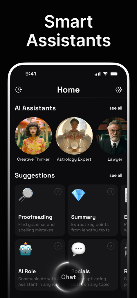 DeepChat - AI Chat Assistant - Écran d'accueil de l'application d'assistant IA DeepChat montrant des experts IA spécialisés et des suggestions de productivité