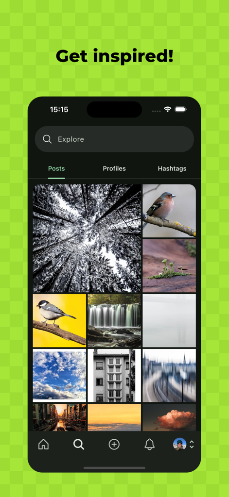 Pixelix - A Pixelfed Client - Pixelix app explore screen showing a grid of artistic nature and urban photography with a Get inspired heading