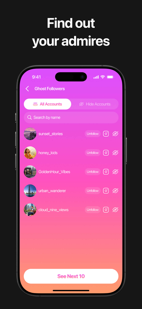 ゴーストフォロワーのリストとフォロー解除およびアカウント検索オプションを表示するFollowHubアプリのインターフェース。