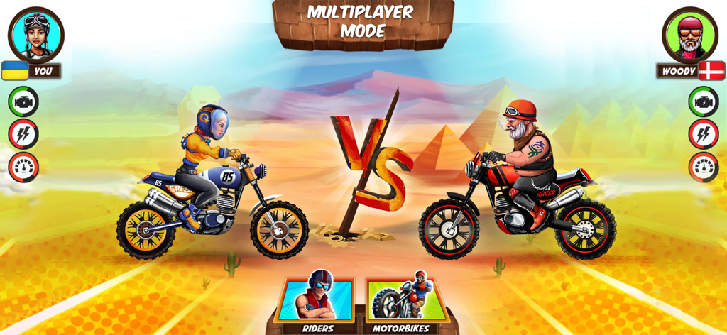 Moto Bike Race Motorcycle Game - Dois motociclistas se enfrentando em uma tela de batalha multijogador versus com fundo de deserto.