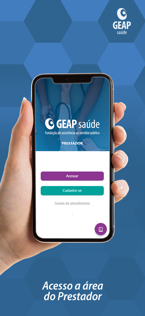 GEAP Prestador - Smartphone showing the GEAP Prestador app login and registration screen