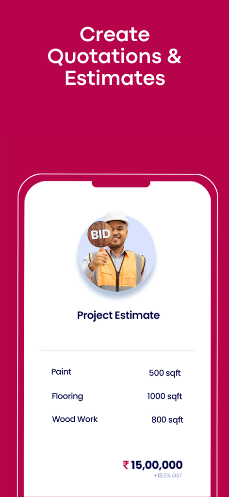 Pantalla móvil de la app Onsite que muestra una estimación de proyecto con costos de pintura, pisos y trabajos de madera