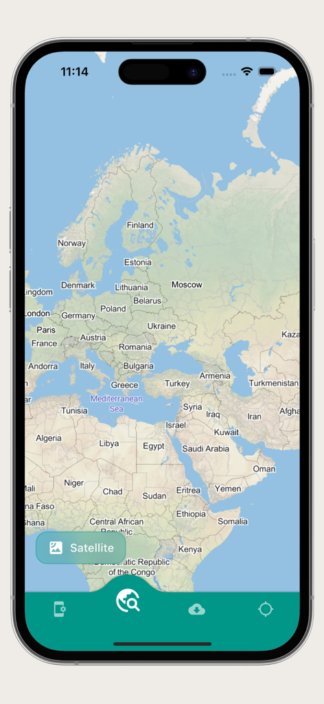 World map offline - A mobile app screen displaying a world map focused on Europe and Africa with navigation icons.