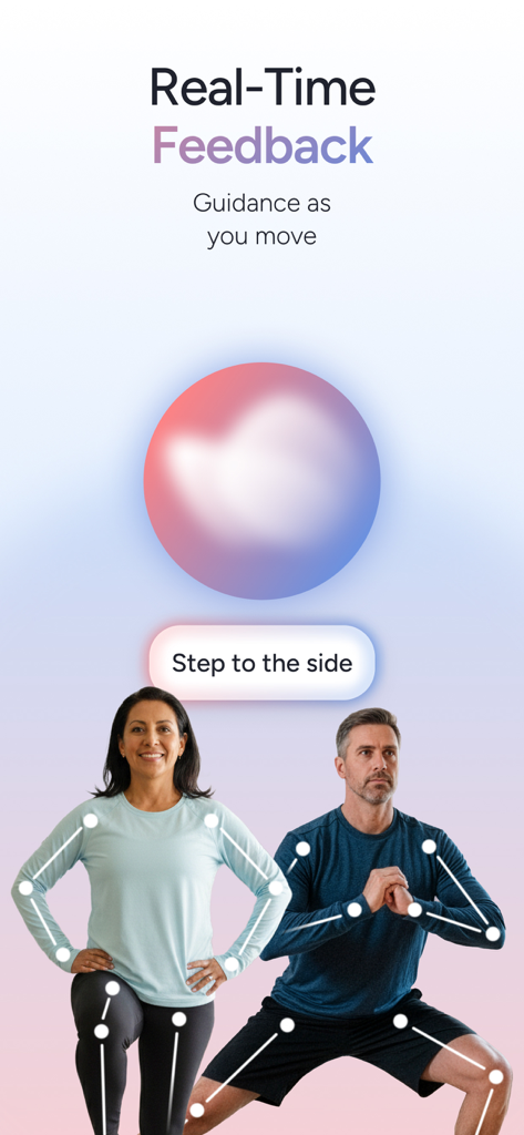 Sword Health: AI Care - Dos personas realizando ejercicios con superposiciones de seguimiento de movimiento de IA y texto de guía en tiempo real en la aplicación Sword Health.