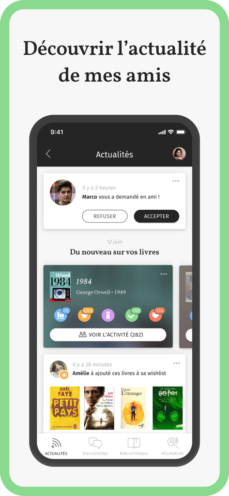 Gleeph mobile app screen showing a social news feed with book activities and friend requests.