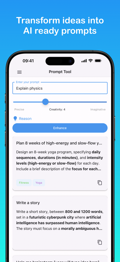 Prompt Tool - Prompt Tool mobile app interface showing a creativity slider and AI prompt enhancement options.