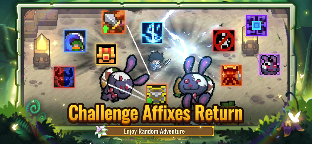 Soul Knight Prequel - Captura de pantalla de juego de Soul Knight Prequel que muestra combate de arte de píxeles e íconos de afijos de desafío.