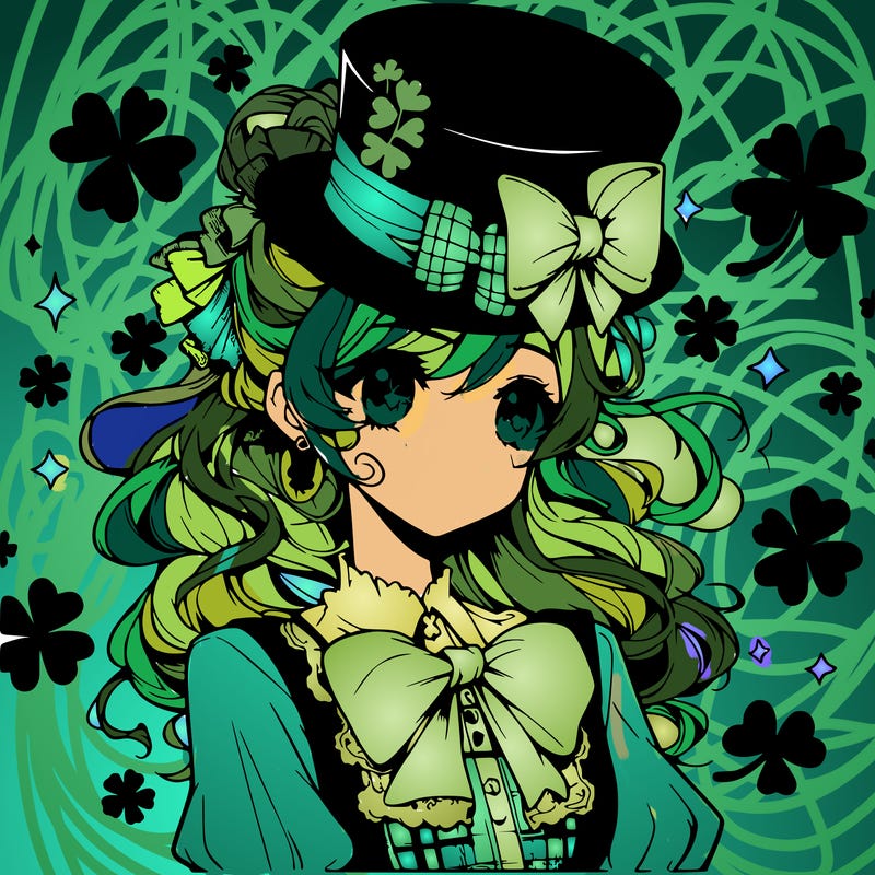 a manga-style girl with clovers around her, a little hat in her hair, like it's saint patrick's day