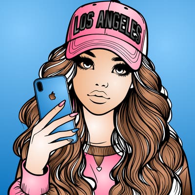 realistic beautiful girl wearing los ángeles cap holding an iphone