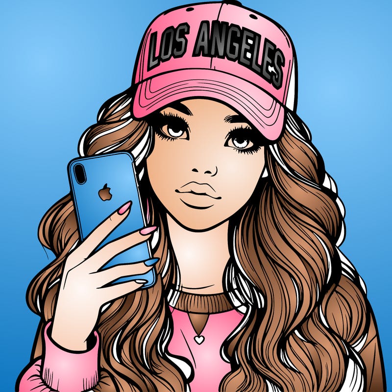 realistic beautiful girl wearing los ángeles cap holding an iphone