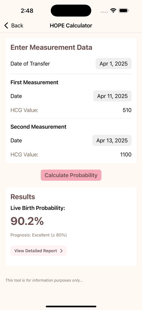 iHOPE Pregnancy Calculator - Interfaz de la Calculadora de Embarazo iHOPE que muestra datos de medición de hCG y un resultado de probabilidad de nacimiento vivo del 90.2 por ciento