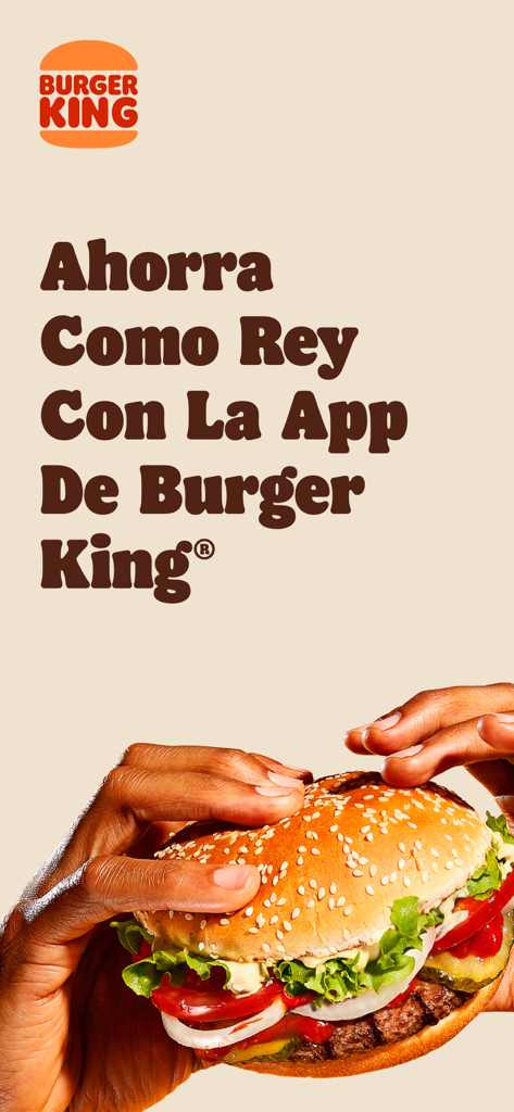 Burger King® Colombia - Burger King Kolumbien App Werbebildschirm mit einer Person, die einen Burger hält, und spanischem Text, der besagt: Sparen Sie wie ein König