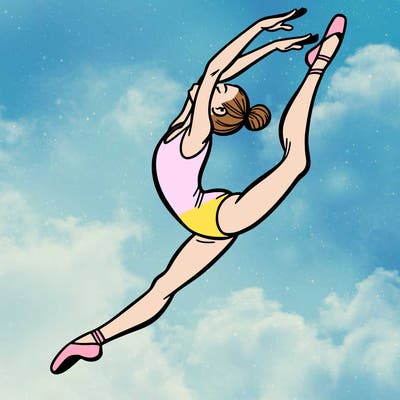 gymnast doing a leap in a leotard with a bent back leg