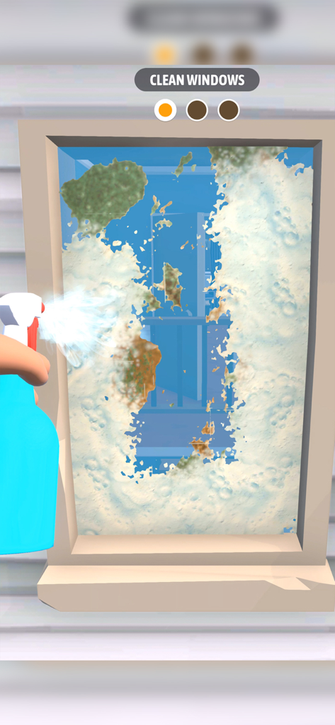 Cleaning Games: Clean It All - Gameplay screenshot showing a hand using a spray bottle to clean a dirty window